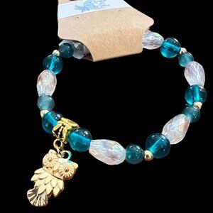 Arwen and Gwen Stretchy Bracelet, Beaded, Teal and Clear w/ Gold Tone Owl Charm
